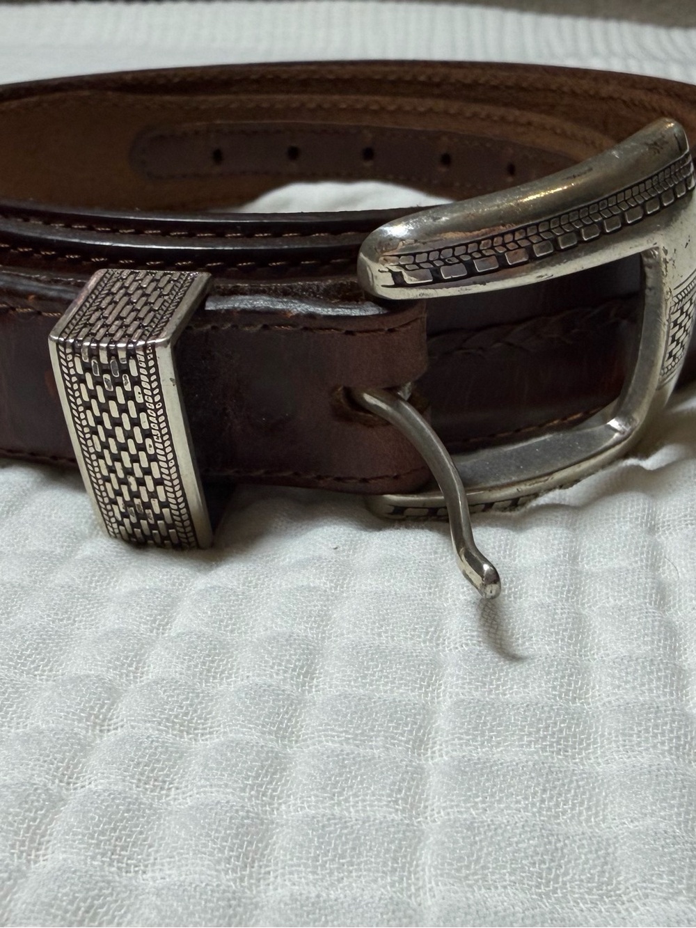 Vintage Brighton Brown Leather Belt with Silver Buckle/Tip Braided Detail Sz 50